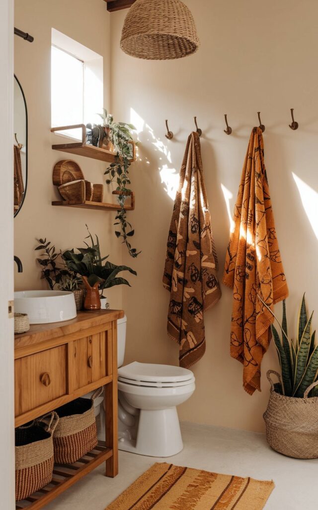 A photo of a Balinese-style bathroom with a wooden vanity, a toilet, woven baskets, a ceiling pendant light, and a few plants. There are two mustard and burnt-orange towels with fall-themed patterns hanging on wall hooks. The bathroom has soft, warm lighting that highlights the rich colors of the towels, creating a cozy and inviting autumnal touch. The space feels serene, stylish, and detailed, blending seasonal fall charm with tropical Balinese elegance.