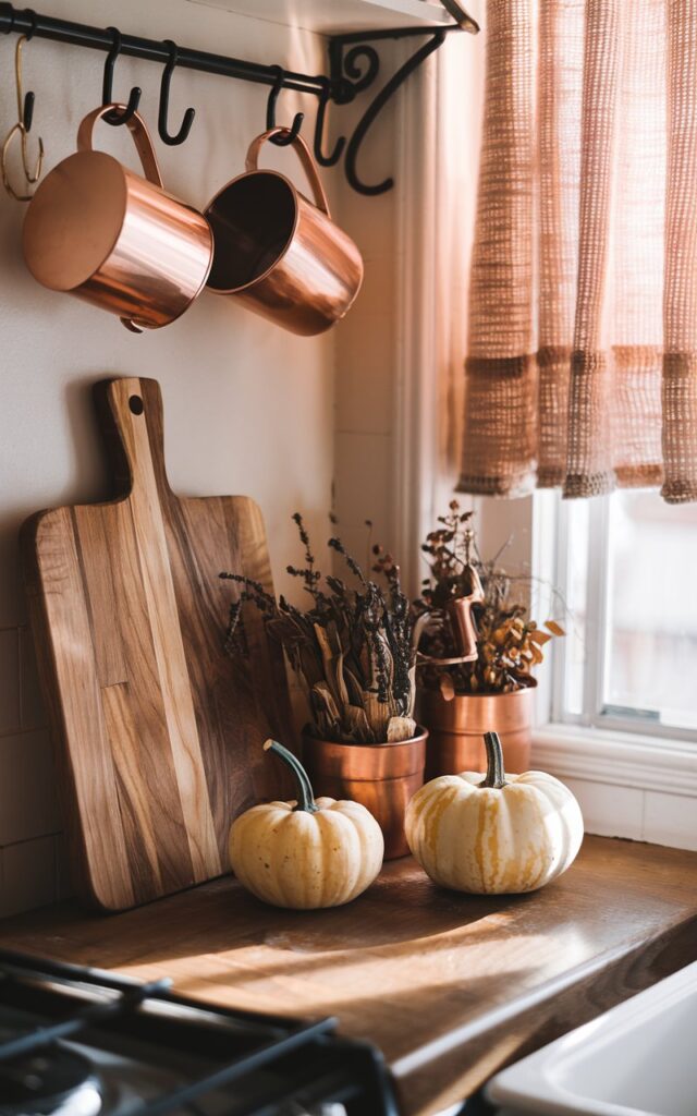 A photo of a modern glam-style kitchen with copper mugs hanging on hooks. There is a wooden cutting board on the kitchen counter below, along with two small pots of dried herbs and two mini pumpkins arranged casually. Warm sunlight streams through a curtained window, highlighting the metallic sheen of the mugs and the textures of the wood and ceramics. The scene feels cozy, lived-in, and nostalgic, capturing the essence of autumn in a farmhouse kitchen with detailed, realistic, and inviting decor.