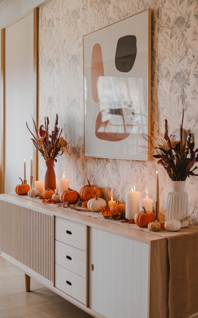 A photo of a Japandi-style living room with a sideboard decorated for fall. The sideboard has a burlap runner and is adorned with small pumpkins, candles, and dried flowers. The walls have a mild floral wallpaper and an abstract fall-themed art piece. The room has clean lines, natural wood tones, and minimalistic decor. The overall aesthetic is warm, cozy, and balanced, blending Japanese simplicity with Scandinavian warmth.