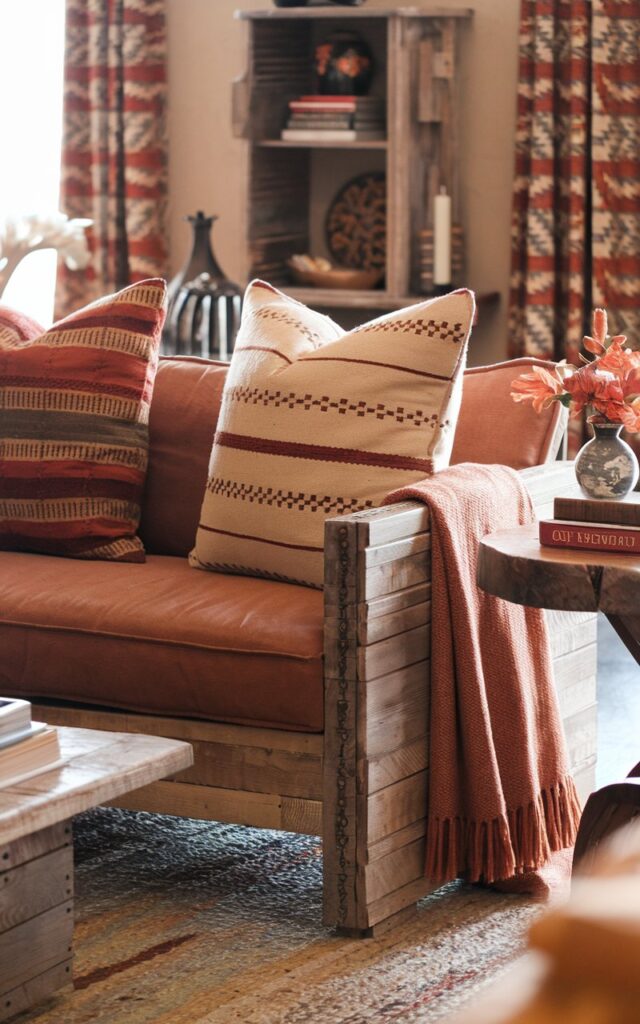 A photo of a Southwestern style living room with a warm terracotta, beige, and rust color palette. There is a rustic wooden sofa with two warm, earthy-toned patterned and textured pillows. A cozy throw blanket is draped over the sofa. A side table next to the sofa holds a remote, a small flower vase, and a stack of books. The room has a textured rug and rustic wooden furniture. The atmosphere is cozy, inviting, and detailed with an autumn-inspired vibe.
