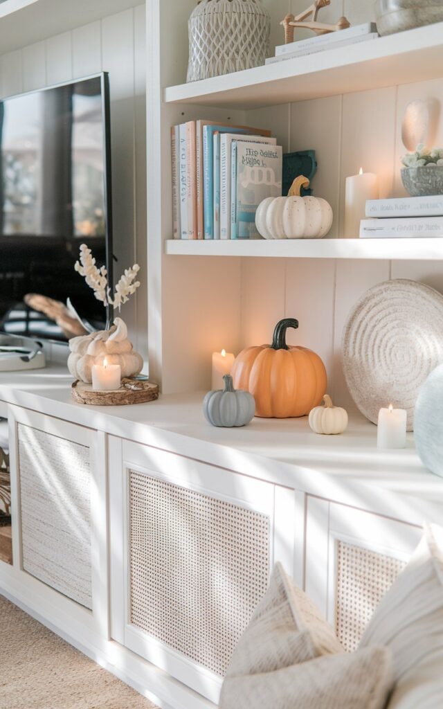 A photo of a coastal chic style living room with a shelf near a TV unit. There are two mini pumpkin figurines of different sizes and colors placed on the shelf. The pumpkins are arranged alongside books, candles, and small decorative accents. The room has a light, airy tone with soft whites, sandy beiges, and muted blues. Natural textures like rattan, linen, and driftwood add warmth. Gentle sunlight filters in, creating a relaxed, beachy yet cozy autumn vibe that feels fresh, stylish, and detailed.