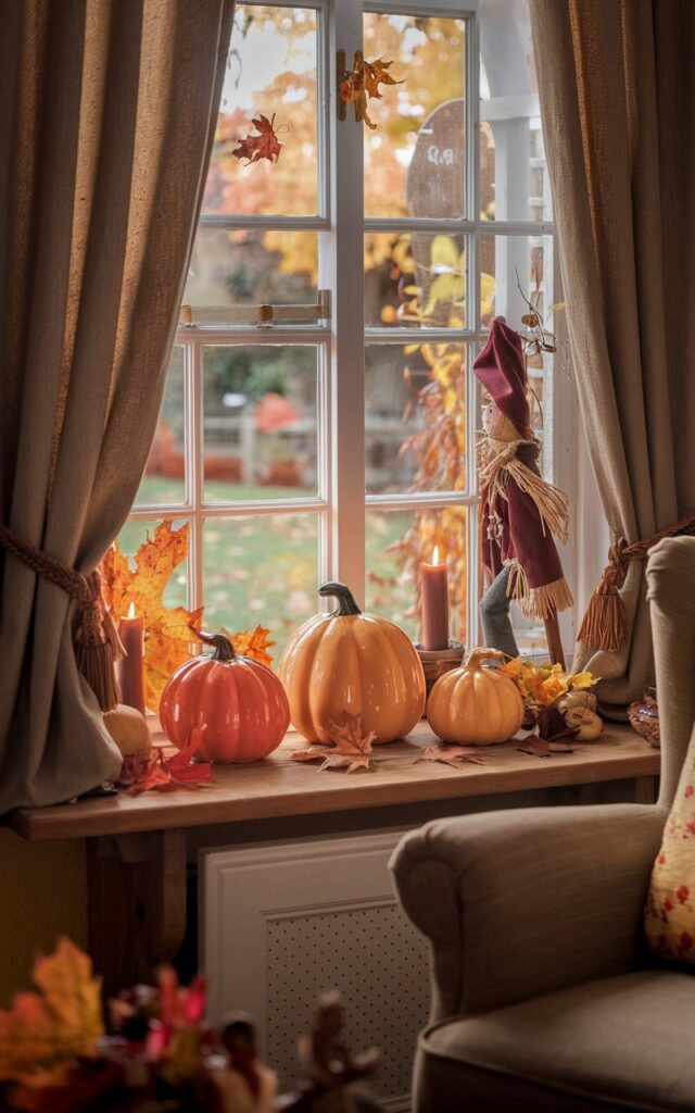 A photo of a living room window sill with fall decorations. There are three small ceramic pumpkin gourds in different shapes and warm autumn colors. There is also a candle, a scarecrow doll, and some leaves. The window overlooks a charming English countryside garden with fall foliage and soft golden light filtering through. The cozy living room has curtains, wooden accents, and a comfortable armchair nearby. The scene has a warm, nostalgic, and homely atmosphere, perfectly capturing the cozy charm of autumn in an English countryside setting with detailed, realistic textures.