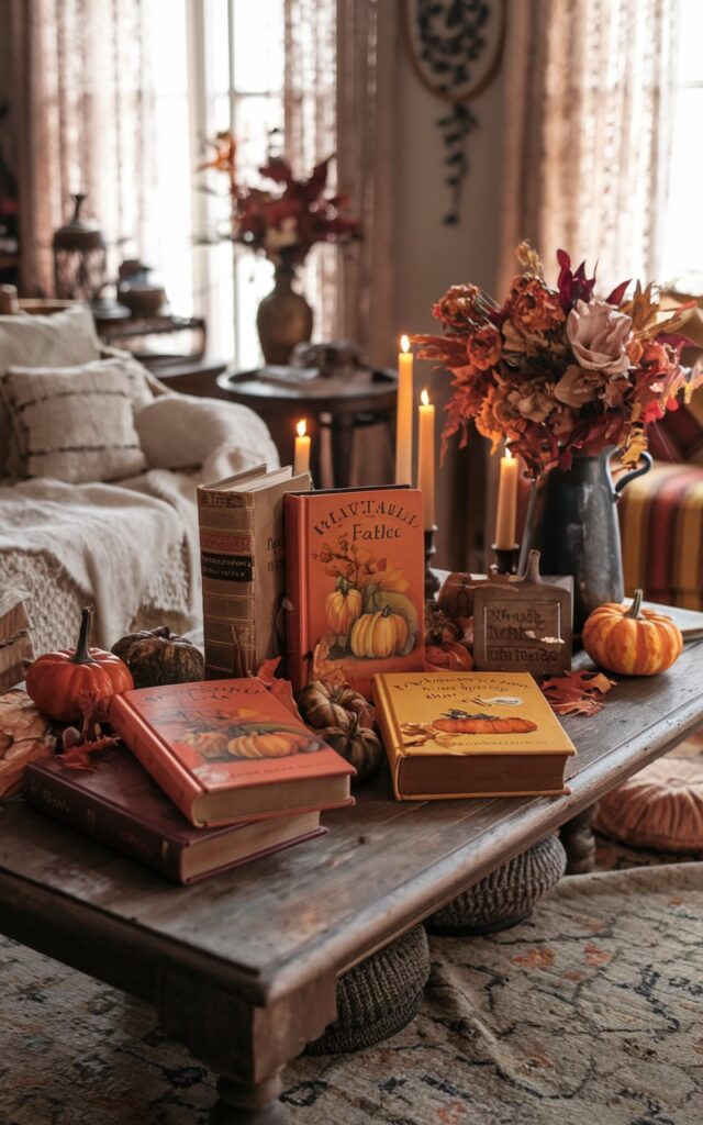 A photo of a vintage and chic style living room with a worn wooden coffee table. On the table, there are 4-5 antique books with fall-themed covers. The book covers have warm, earthy colors like orange, yellow, and brown, and they feature imagery of pumpkins, falling leaves, and cozy elements. There are also small pumpkins, candles, and a vase of dried flowers on the table. The room has a mix of worn wooden furniture, soft textured rugs, and elegant decorative accents. Warm natural light filters through curtained windows, highlighting the rich colors and textures of the books and seasonal decor. The scene feels cozy, nostalgic, and inviting, perfectly capturing the essence of autumn with detailed, realistic styling.