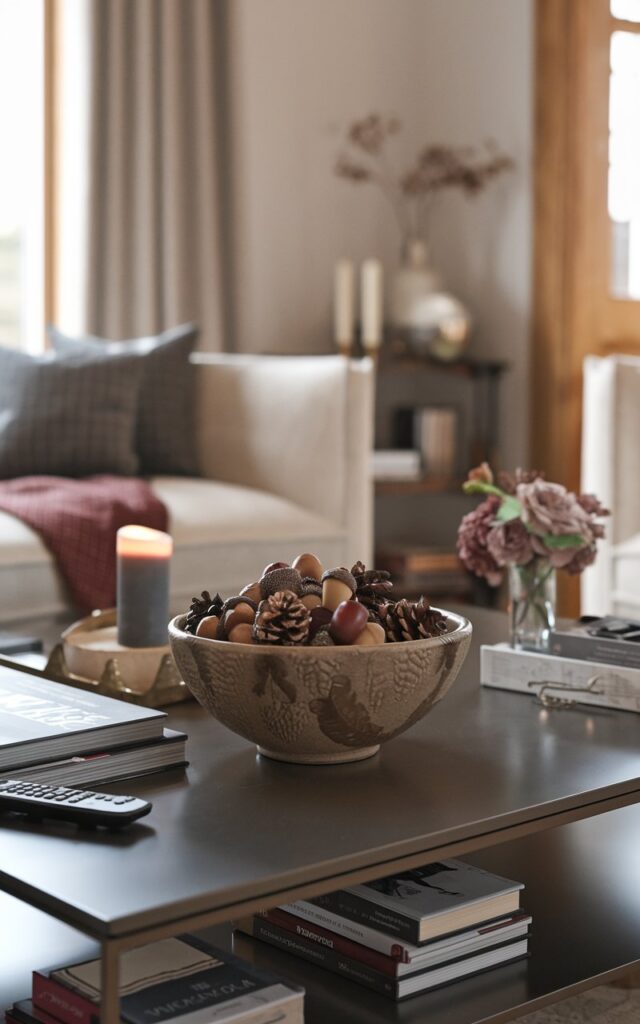 A photo of a modern farmhouse-style living room with a ceramic decorative bowl containing a mix of acorns and pinecones. The bowl is placed on a sleek coffee table. Surrounding the bowl are books, a remote, a candle, and a small flower vase. The room has clean lines, warm wood tones, and muted autumn colors. The lighting is soft and diffused, highlighting the organic textures and minimalist design. The atmosphere is cozy, refined, and vintage with realistic detail.
