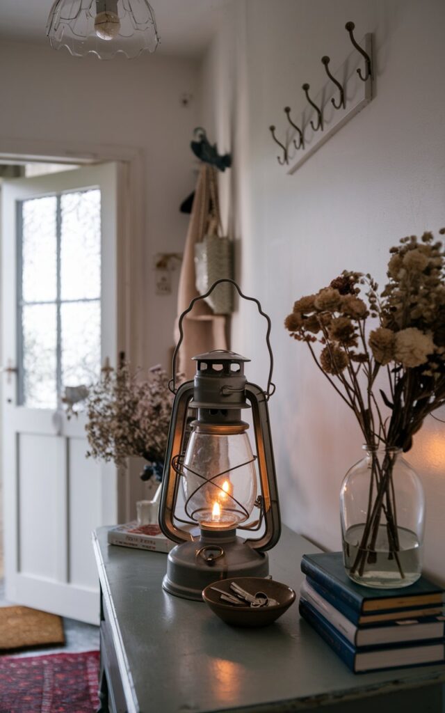 A photo of a cottagecore-style entryway with a vintage lantern containing a glowing candle. The lantern is placed on a table near the door. Surrounding the lantern are a small bowl for keys, a vase of dried flowers, and a stack of books. The wall has a few hooks. The ceiling features a delicate pendant light. The floor is covered with a patterned rug. The overall ambiance is warm and welcoming, with a nostalgic mood.