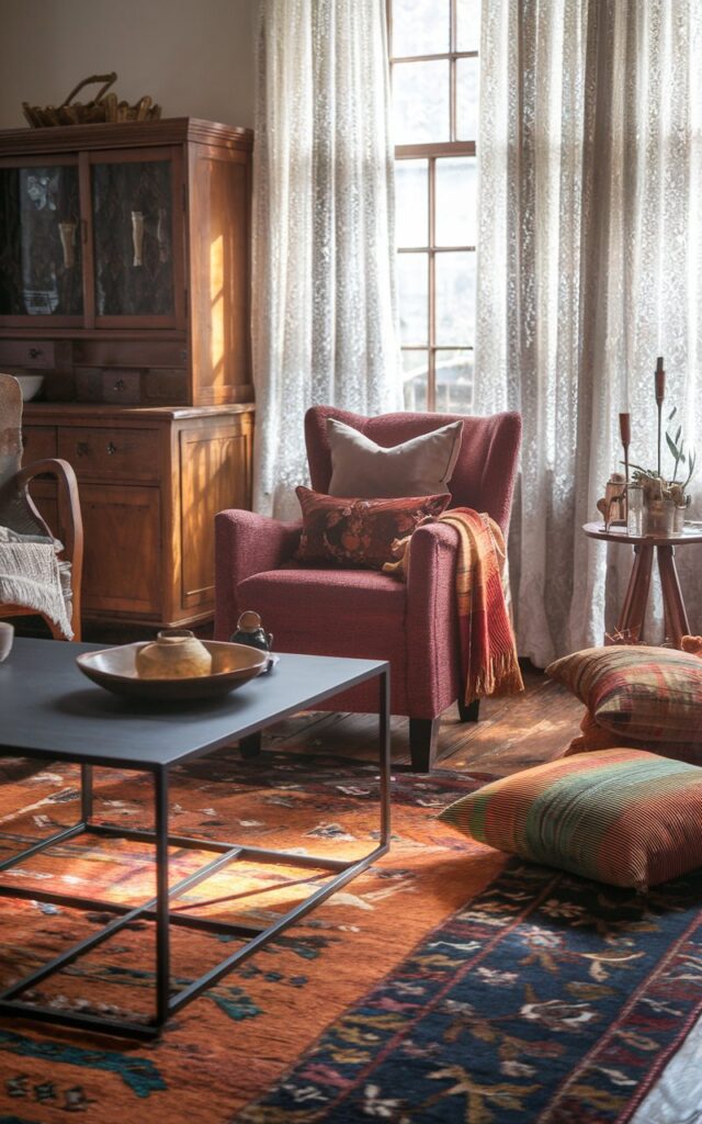 A photo of a chic English countryside living room with a vintage wooden furniture, a sleek coffee table, a cozy armchair, patterned cushions, and soft throws. An area rug in rich autumn hues—burnt orange, deep red, and warm brown—is placed across the floor. Sunlight filters through lace curtains, highlighting the textures of the layered rugs and natural wooden accents.