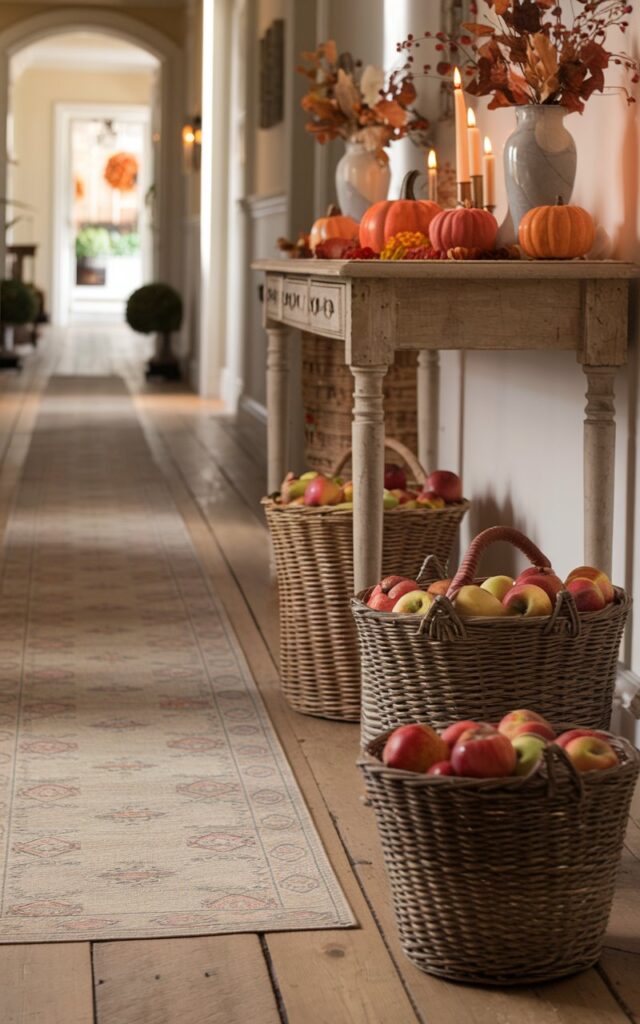 A straight angle view photo of two vintage baskets filled with red and green apples placed below a stylish wooden console table in a hallway. The console table is styled with subtle fall accents like small pumpkins, candles, and dried foliage. A runner rug with a fall-themed pattern stretches along the hallway floor. The setting is an English countryside style hallway with soft natural light, wooden flooring, and classic architectural details. The focus is on the baskets in the foreground, highlighting their texture and colors, creating a cozy, nostalgic, and inviting autumnal atmosphere with realistic, detailed styling.