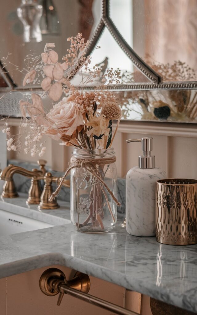 A photo of a bathroom counter with a glam + vintage aesthetic. There are 1-2 mason jars filled with dried flowers and delicate branches. The jars are tied with jute ropes around their necks. The counter has a marble surface, gold fixtures, a marble soap dispenser, a gold accent toothbrush holder, and a decorative mirror with ornate edges. The overall scene has soft warm lighting.