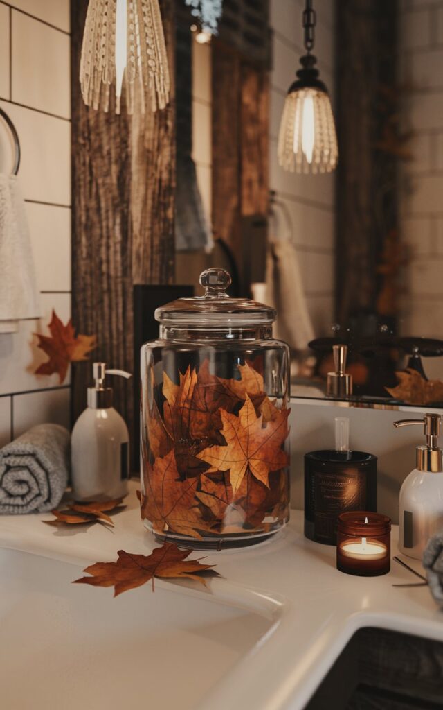 A vignette shot of a glass jar filled with dried autumn leaves placed on a bathroom counter in a glam + rustic style bathroom. Surrounding the jar are minimal decor items and bathroom essentials like soap dispensers, rolled towels, and a small candle. Warm, soft lighting highlights the textures of the leaves and rustic wooden accents. The scene is cozy, elegant, and detailed, evoking a stylish autumnal atmosphere with a blend of glamour and rustic charm.