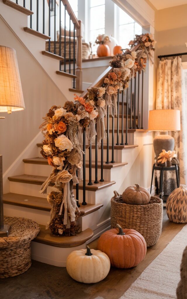 A photo of a modern rustic style living room with a staircase. The staircase railing is wrapped with a garland of dried flowers in muted autumn tones—faded orange, cream, and soft brown—woven with twine or jute. The staircase has wooden steps and black metal railings. There are pumpkins and woven baskets on the floor. The room has a warm light from nearby lamps. The atmosphere feels inviting, earthy, and beautifully detailed with a touch of autumn nostalgia.