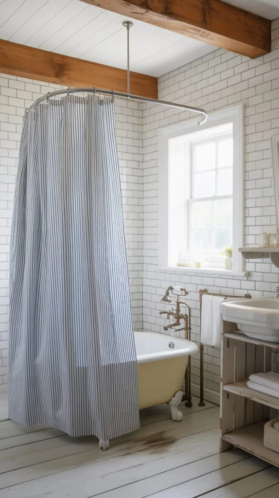 Hang a Ticking-Stripe Shower Curtain