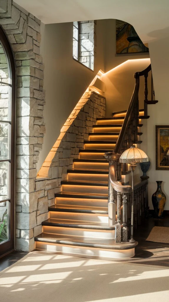 Add built-in stair lighting that follows the wall line