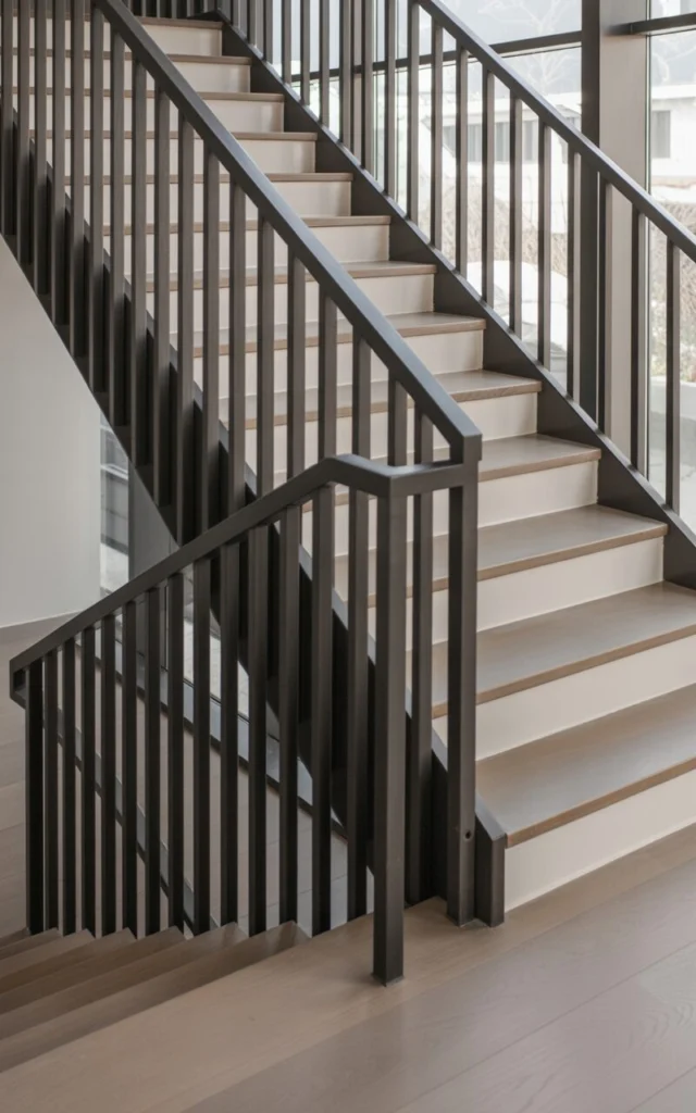 Create contrast by pairing dark railings with light stairs