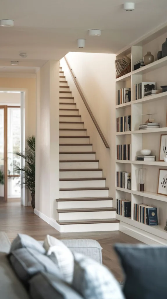 Extend the staircase into a built-in storage wall