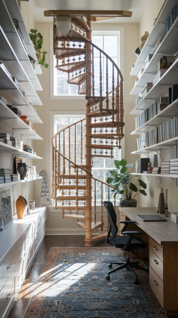 Incorporate a spiral staircase into a home office
