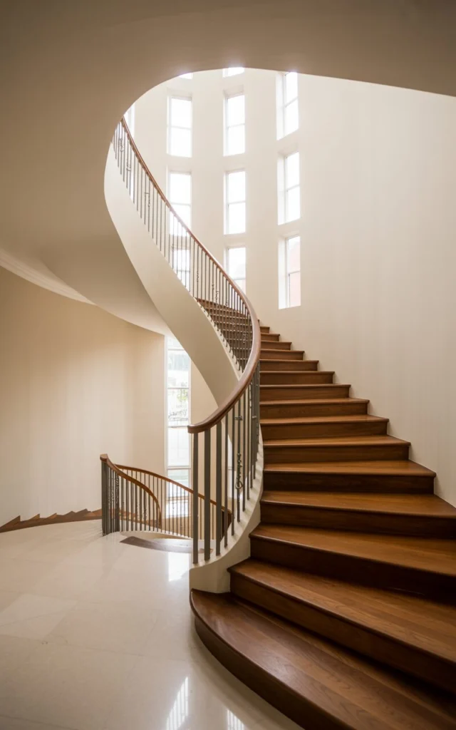 Install a sweeping curved staircase as the home’s centerpiece