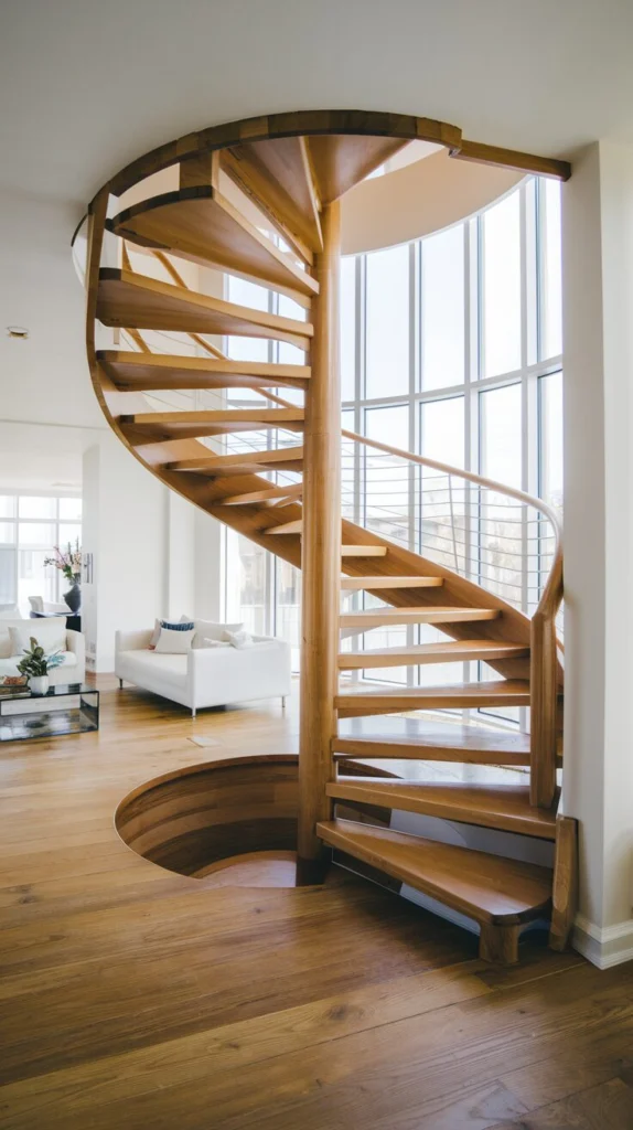 Install a wooden spiral staircase with natural grain