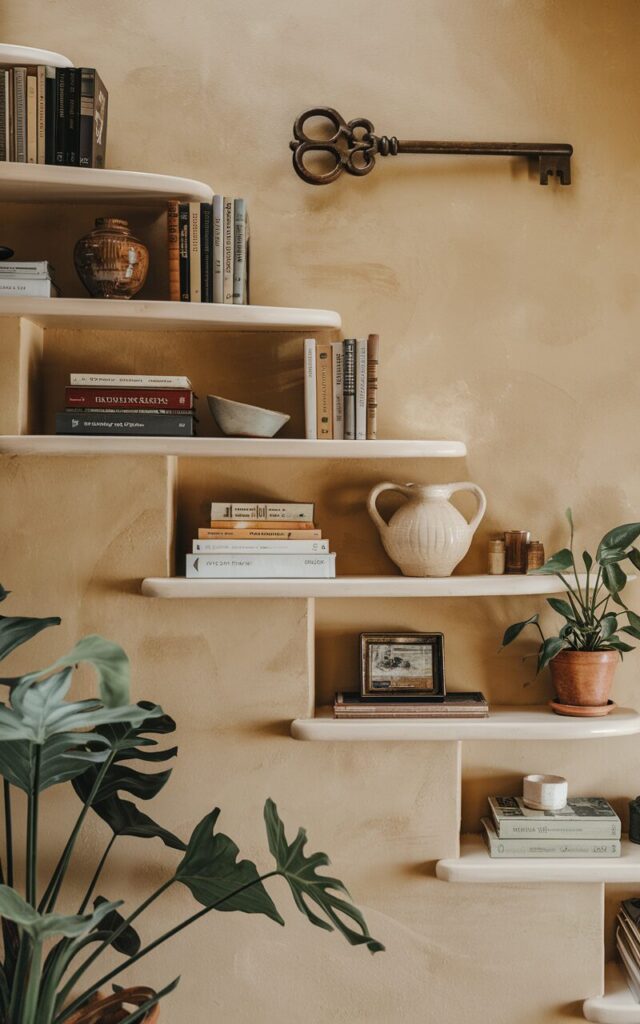 Layer floating shelves with meaningful objects