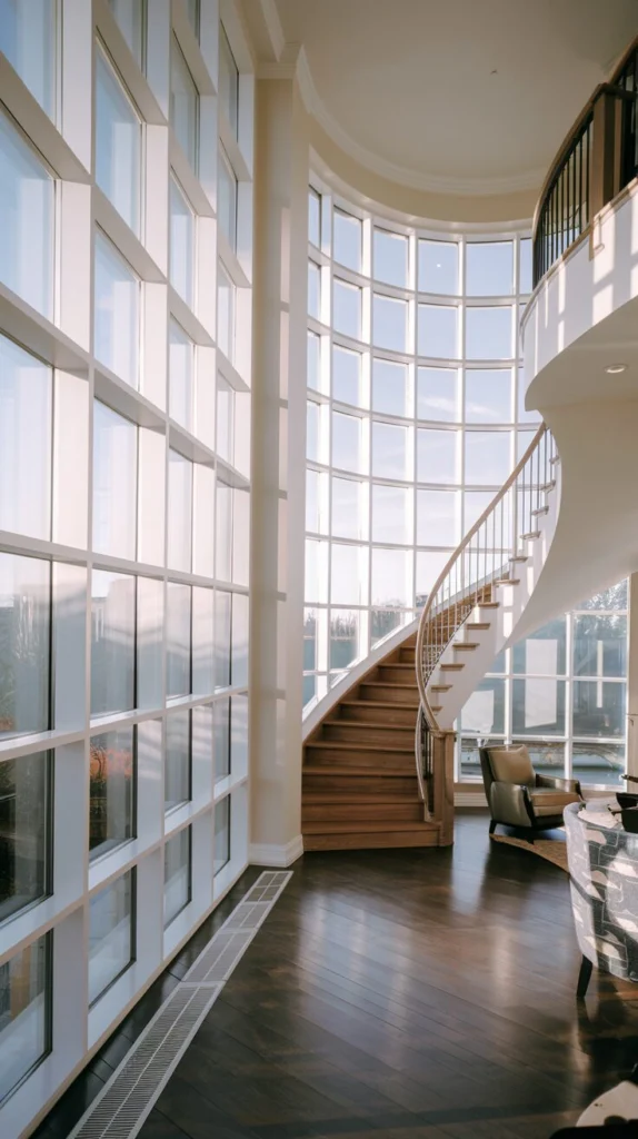 Position a spiral staircase near large windows