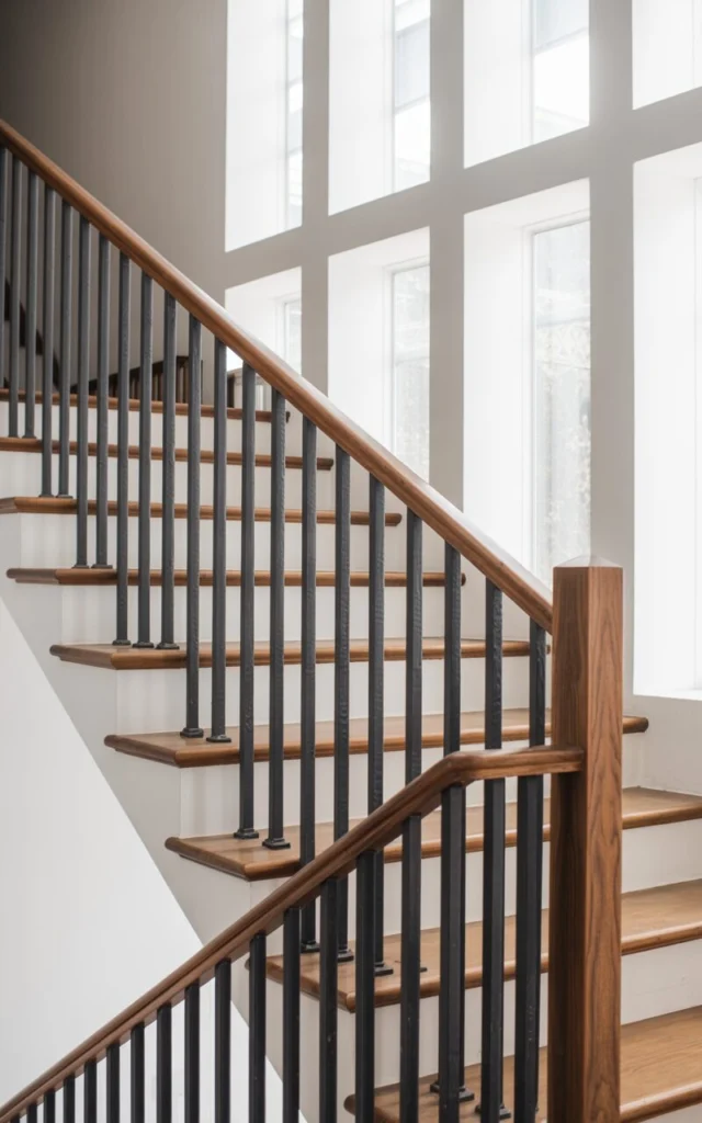 Swap traditional spindles for sleek black metal balusters