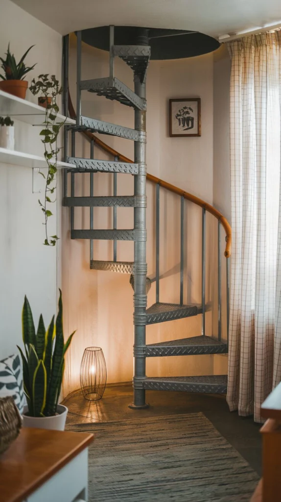 Tuck a spiral staircase into a compact corner