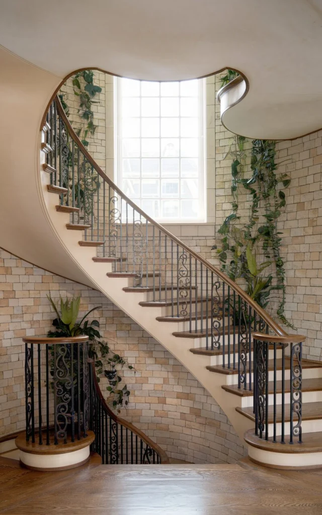 Define curved staircases with custom iron railings