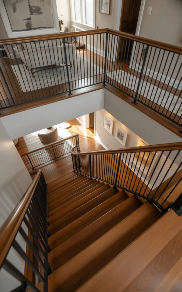 Frame stair landings with iron accents