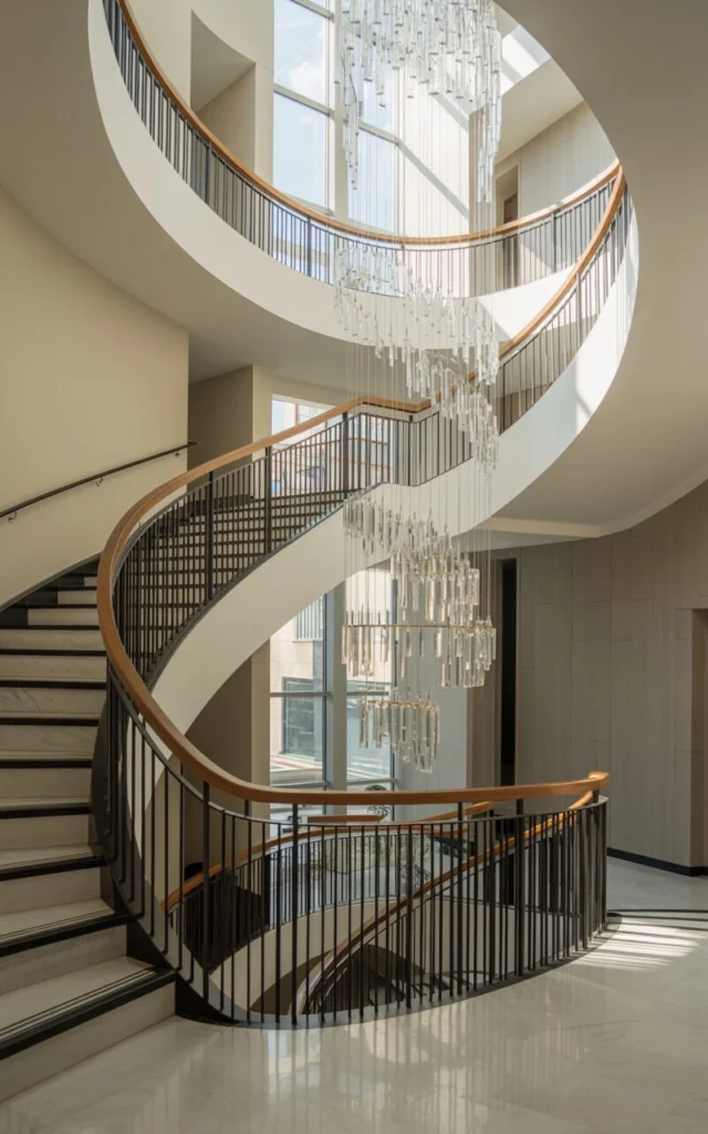 Frame the staircase with dramatic overhead lighting