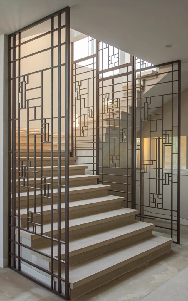 Frame the staircase with iron panels instead of spindles
