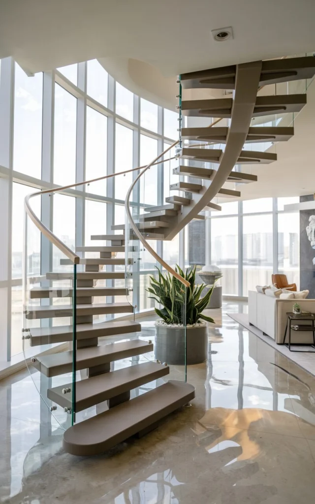Soften modern interiors with a floating curved staircase