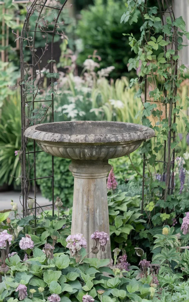 Add a stone birdbath with aged patina 🐦