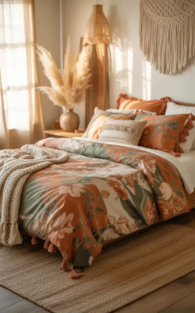 Add boho floral bedding with tassel details 🌼