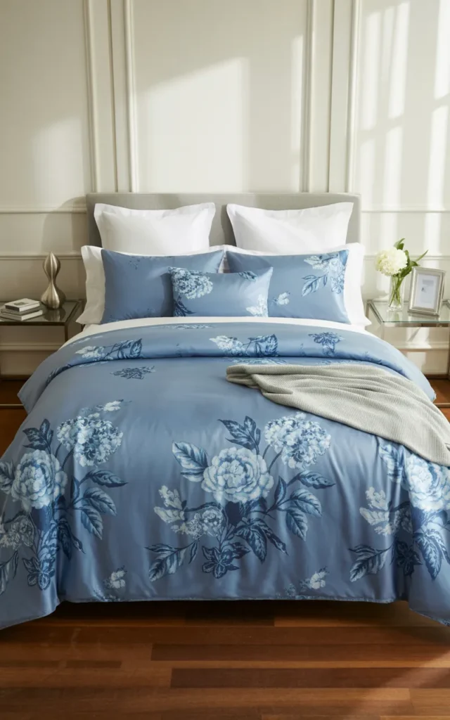 Choose blue floral bedding for a calm hotel-style bedroom 💙