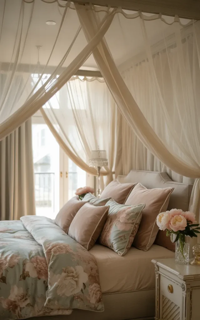 Combine floral bedding with canopy drapes 🌸