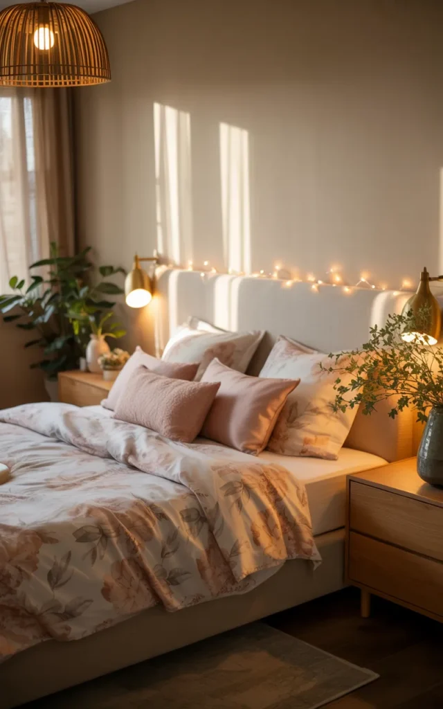 Combine floral bedding with layered lighting ✨