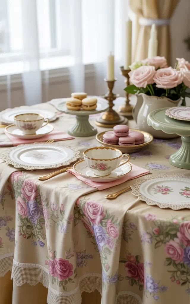 Drape a floral tablecloth across the main table 🌸