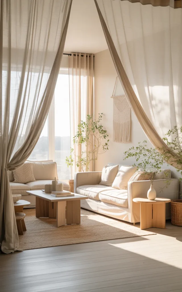 Hang sheer curtains for a soft partition