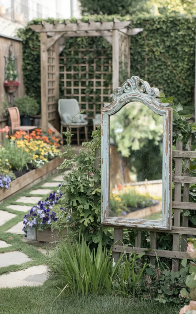 Install a distressed mirror on a fence wall 🪞