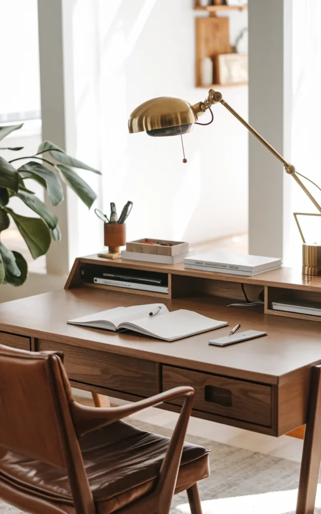 Introduce a brass task lamp on the desk