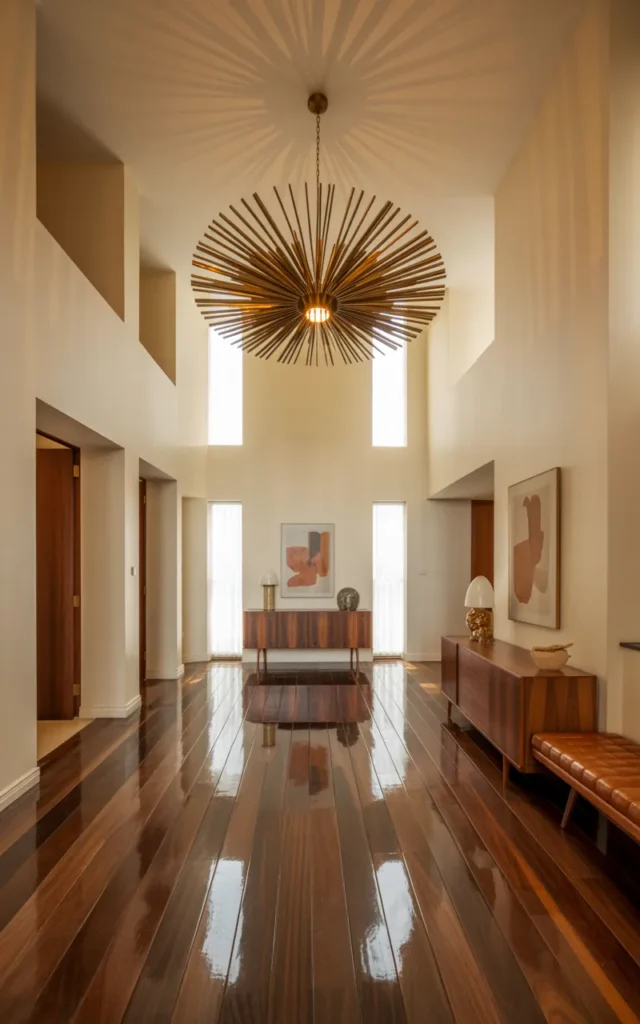 Layer a starburst ceiling light in the foyer