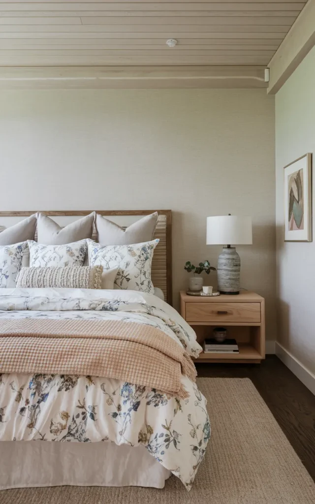 Layer floral bedding with linen textures 🍃