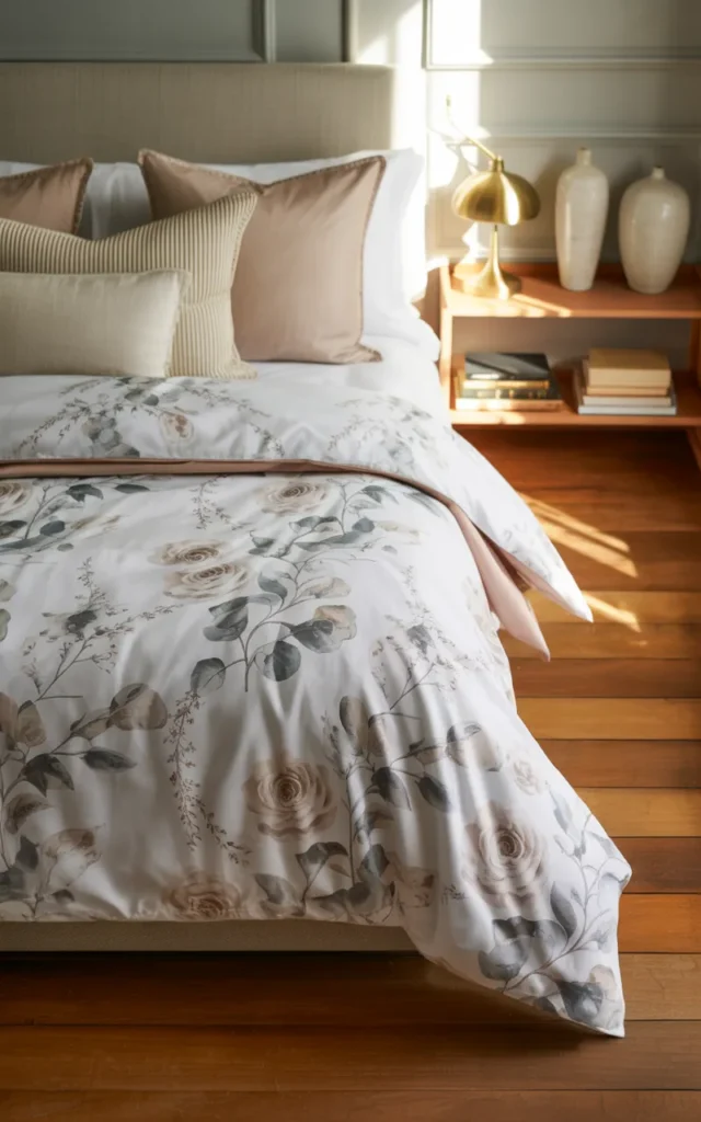 Layer floral bedding with striped pillows for contrast 🌷