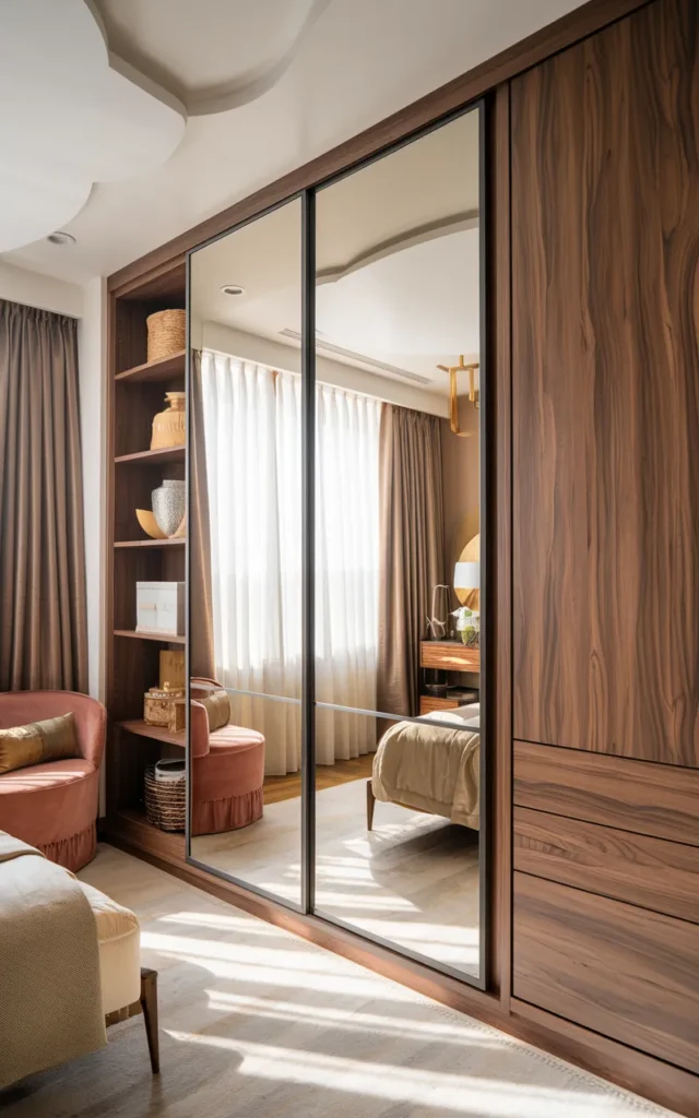 Mix mirror and wood panels for balance