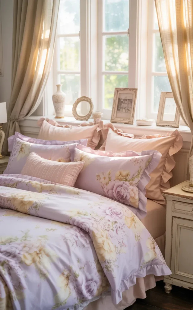 Pair pastel floral bedding with ruffled pillow shams 🎀