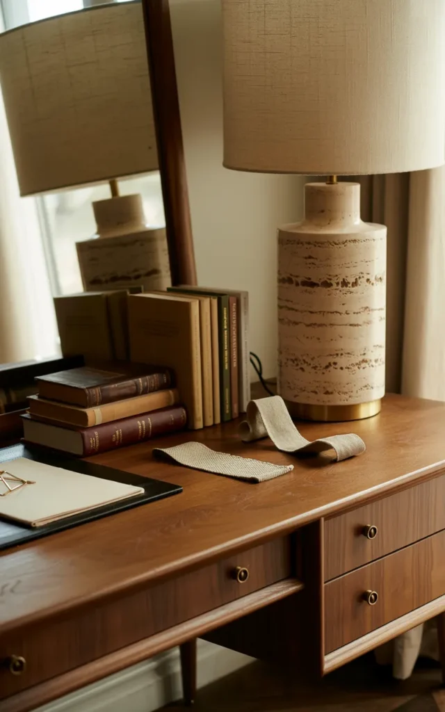 Place a textured stone lamp in the study