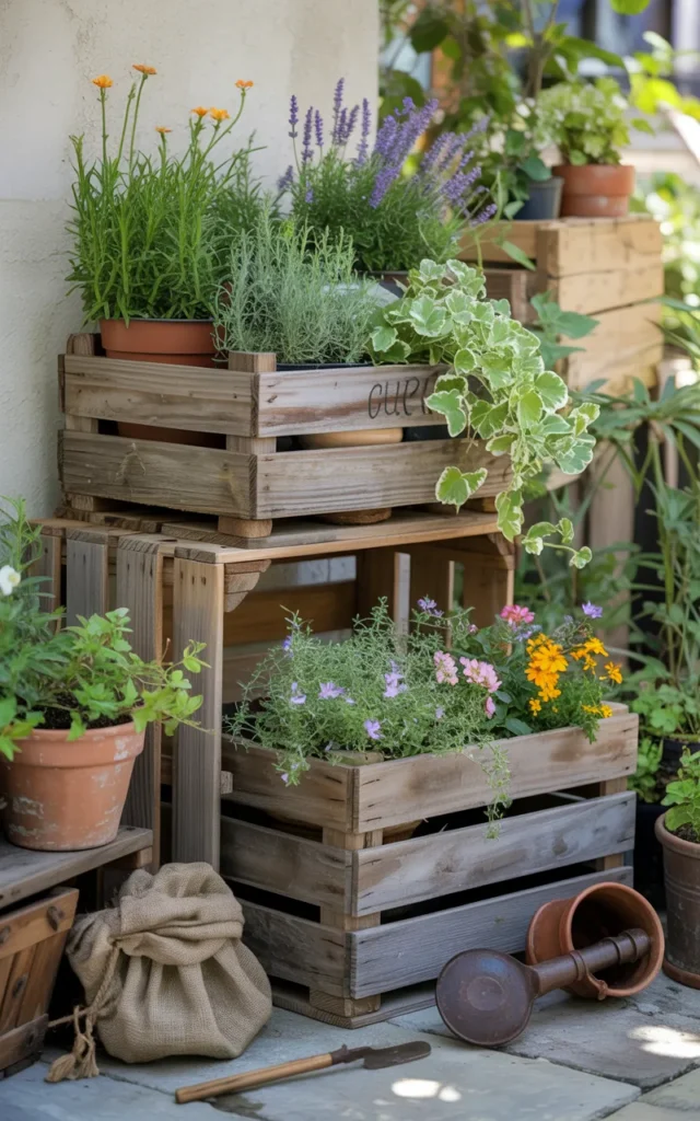 Repurpose old crates as tiered planters 📦