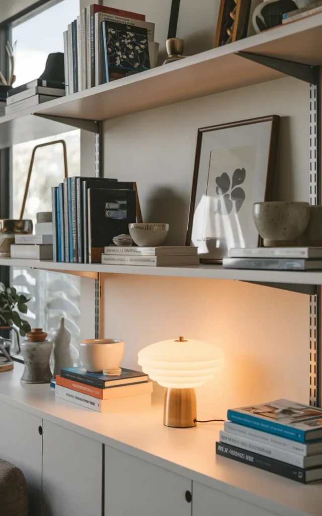 Style a brass table lamp on open shelving