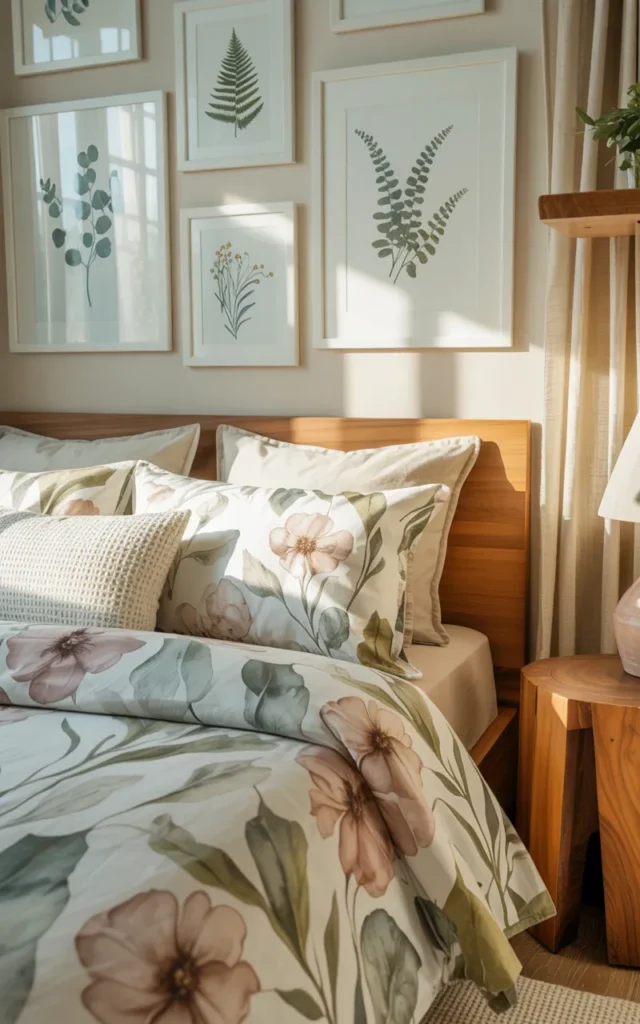 Style floral bedding with botanical wall art 🌿