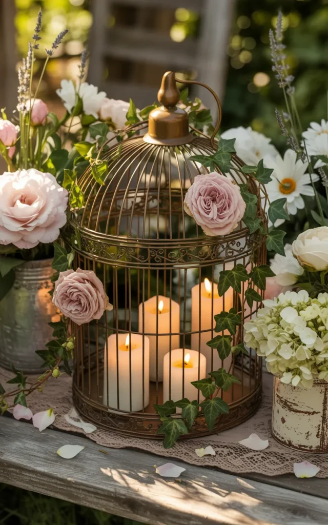 Use an antique birdcage as a floral centerpiece 🕊️
