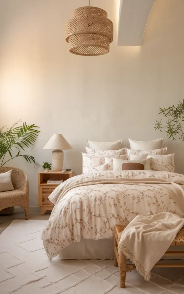 Use floral bedding in neutral beige tones 🤍
